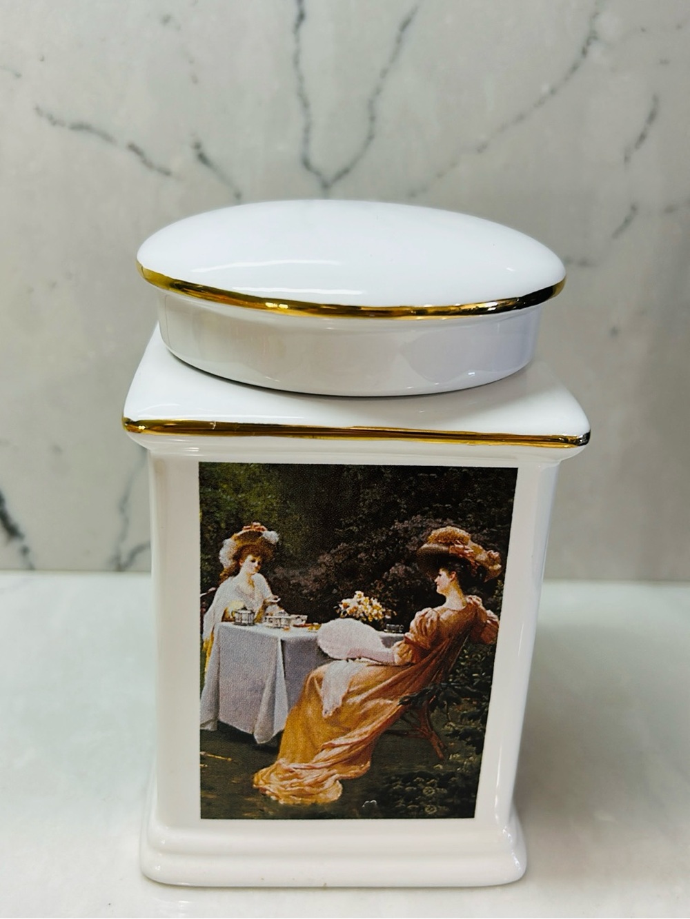 White and Gold Ceramic Decorative Canister with Vintage Artwork